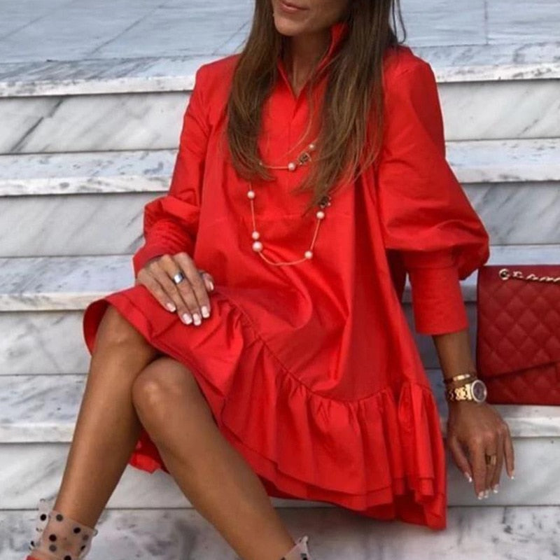 Women Autumn Spring Vintage Mini Cupcake Dress V Neck Long Lantern Sleeve Back With Ruffles Korean Style Elegant Red Dress