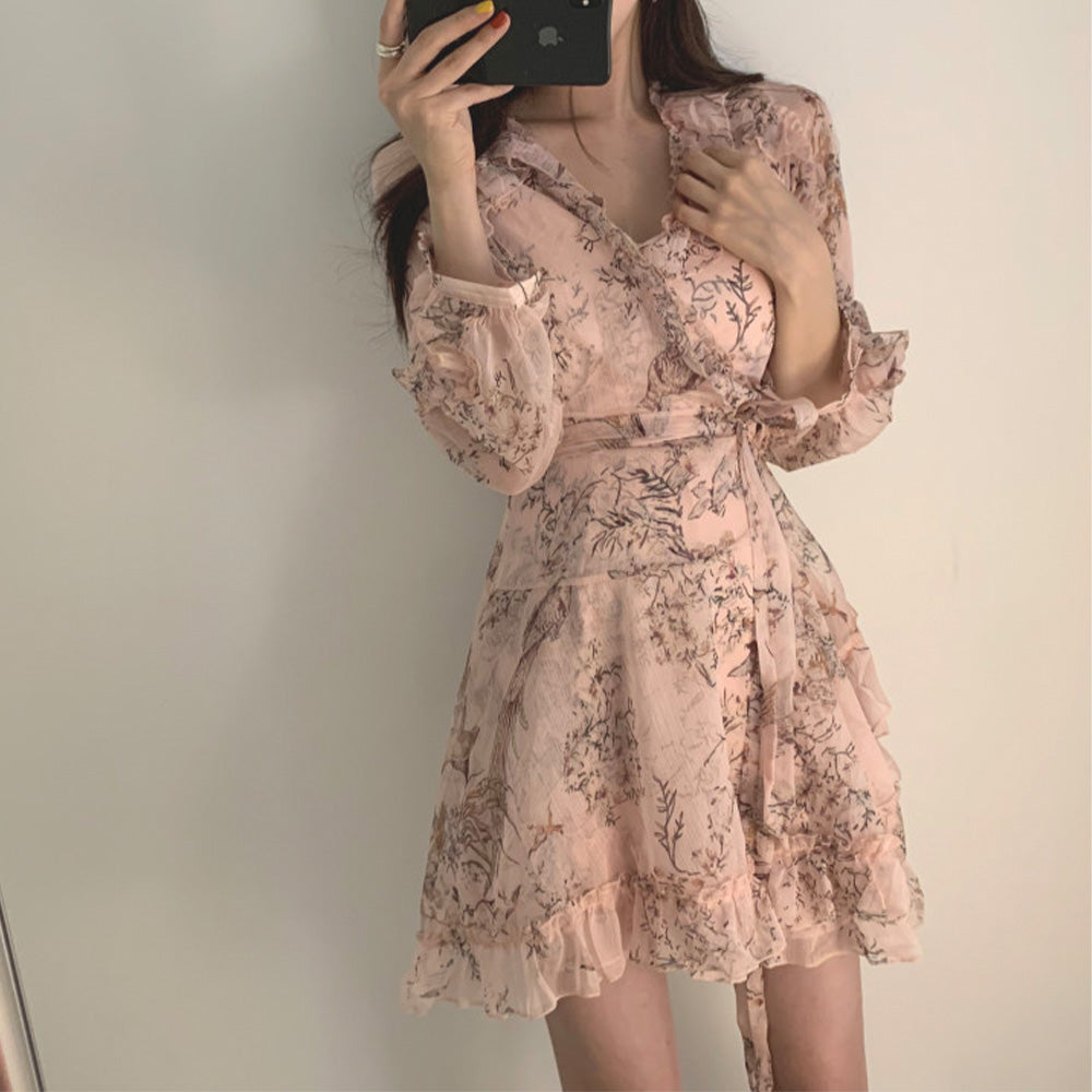 Sixsr Women Mini Dress Spring New V-neck Floral Chiffon Dress High Waist Flare Sleeve Female Dress Woman's Dress KarolyiDora KA88