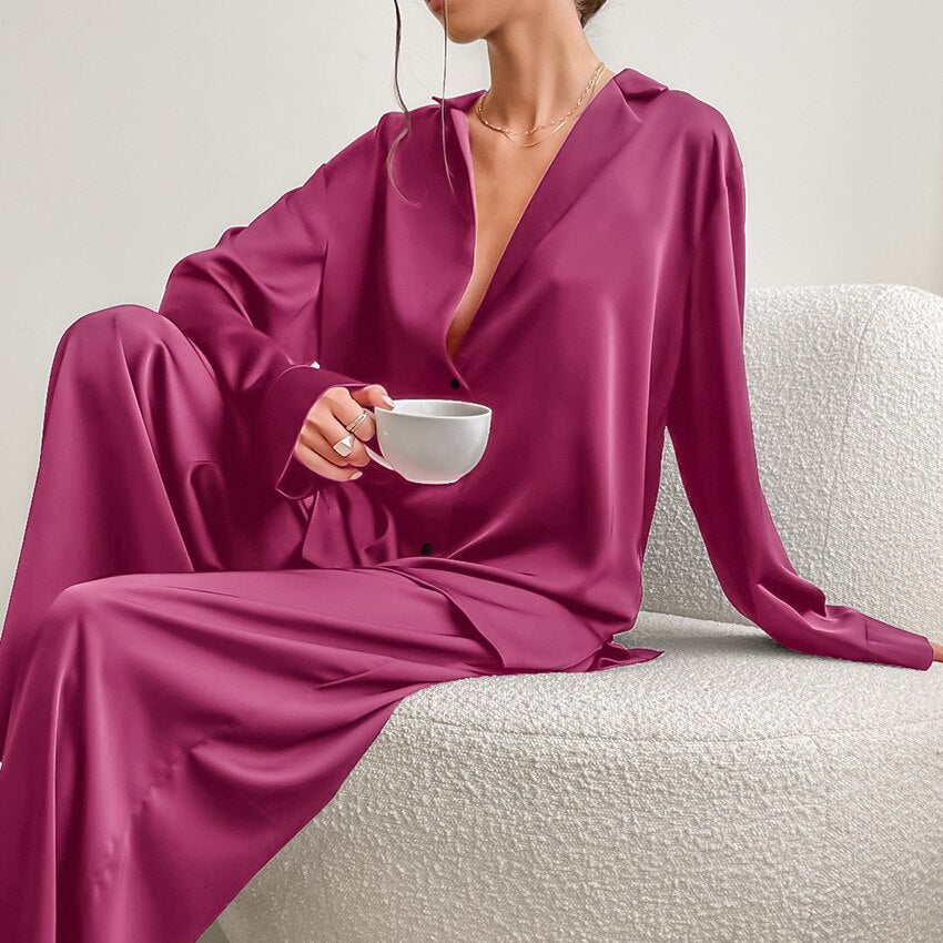 Sixsr Oversized Satin Silk Sleepwear Low Cut Sexy Pajamas For Women Single-Breasted Long Sleeves Wide Leg Pants Trouser Suits