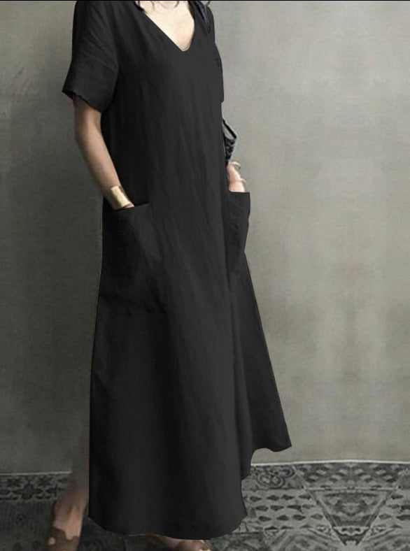 Women Long Maxi Summer Dress Casual Cotton Linen Ladies Big Pockets Beach Party Robe Femme Vestidos Plus Size 5XL