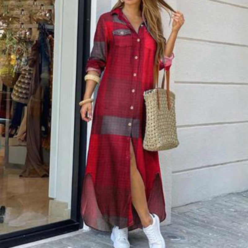 Sixsr Fashion Women Long Sleeve Shirt Dress Autumn Printed OL Long Dresses Laides Turn-down Collar Loose Sundress Party Dresses