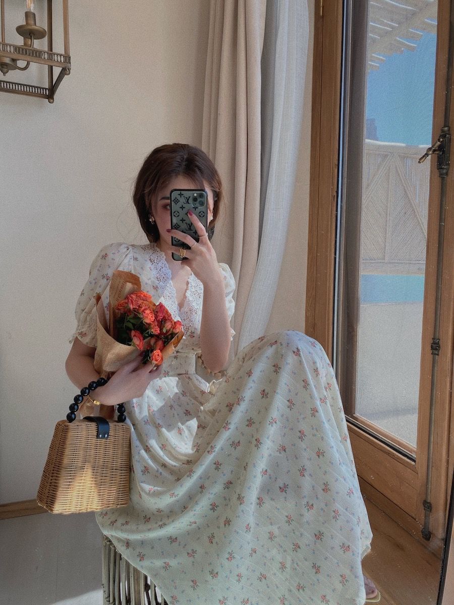Sixsr Vintage Floral Dress Women Elegant Lace Chiffon Korean Party Dress Puff Sleeve V Neck Midi Dress Fall Dresses for Women