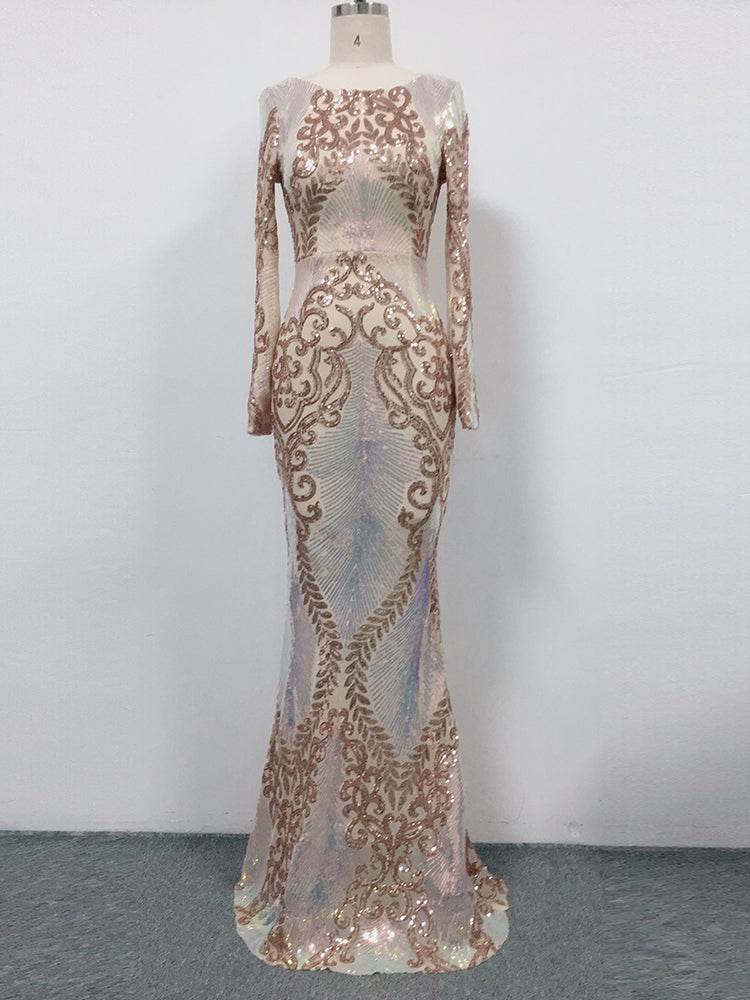 sixsr Hot Sale O-neck Long-Sleeve Shinning Sequins Evening Dresses Sexy Backless Mermaid Party Gowns Maxi Elegant Multi Female Robes vestidos