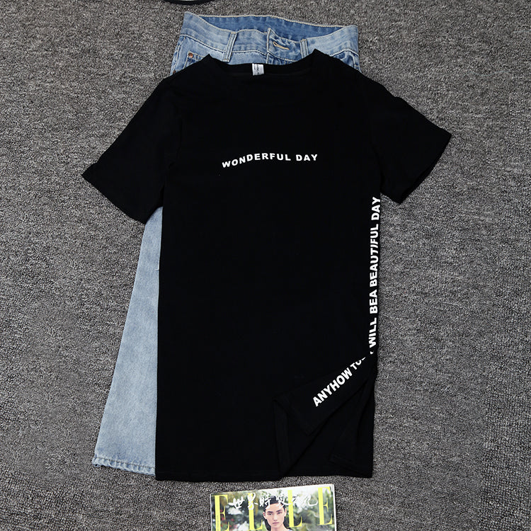 Sixsr Fashion Trends Plus size Wonderful Day Print Long T shirts Summer Women Loose Slit Femme Tops Cotton Tshirt Short sleeve Ladies t-shirt
