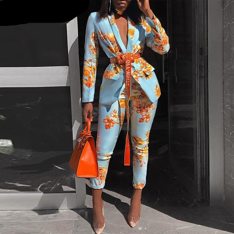 Sixsr Women Chic Elegant All over Print Long Sleeve Sashes Ankle-Length Pants Spring Working Blazer Sets