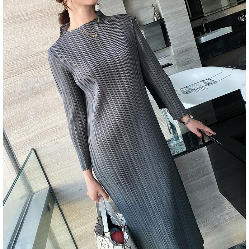 sixsr Trends Spring Winter Miyake Pleated Women Comfortable Dress Long Sleeve High Quality Korean Style Casual Aesthetic Clothes