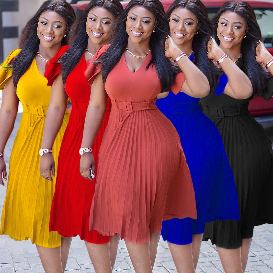 Sixsr Women Pleated Dresses High Waist Short Sleeves A Line Modest African Office Ladies Work Wear Date Elegant Classy Robes Vestidos