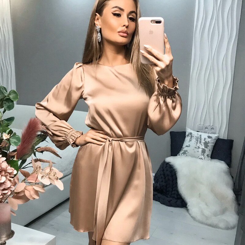 Sixsr Elegant Vintage Sashes Satin A-line Dress Women Autumn New Lantern Sleeve O Neck Solid Casual Party Vestidos Fashion Robes