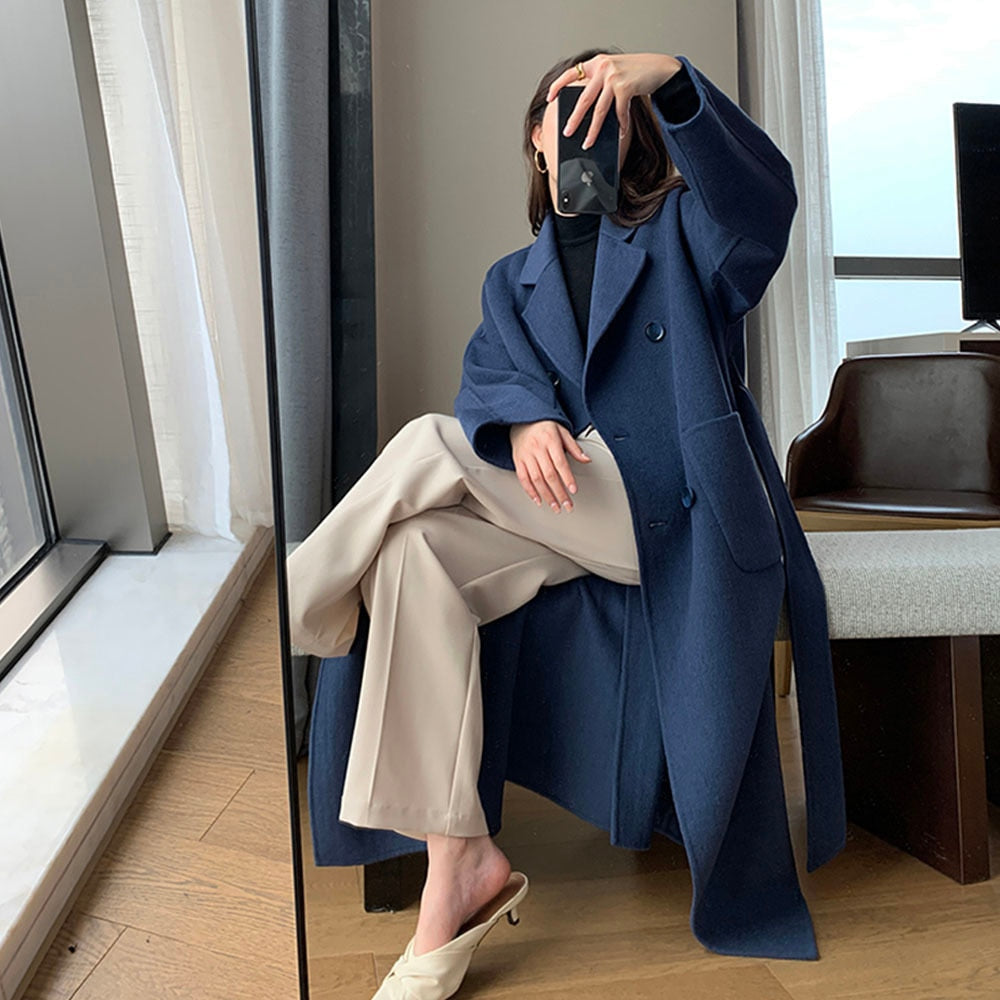 Sixsr Selling Women Spring Autumn Coat Fashion Warm Outerwear Woolen Blends Female Long Elegant Double Breasted Solid Woolen Coat