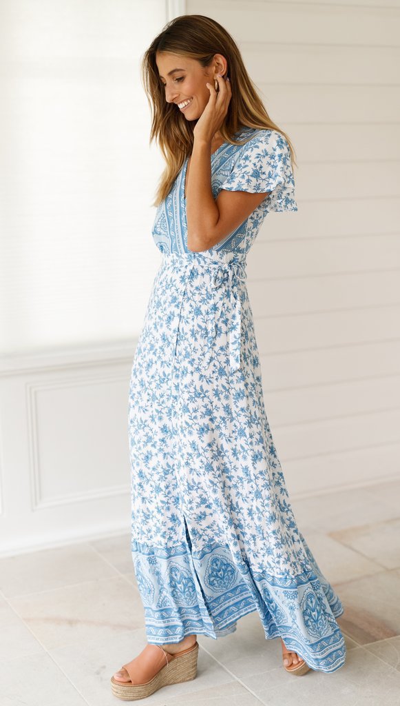 Sixsr Summer Women Dress Indie Folk Women Sexy Printed Bow Holiday Beach Wrap Dresses V-Neck Boho Dress Elegant Party Sundress