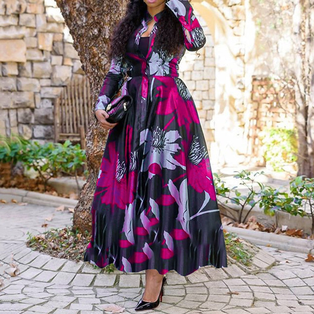 Sixsr Women Vintage Floral Printed Long Sleeve Summer Dress Retro Plus Size Office Maxi Vestidos Elegant Ladies Party Long Shirt Dress
