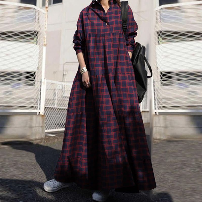Sixsr Summer Stylish Women Vintage Long Sleeve Loose Sundress Casual Long Maxi Dress Kaftan Femme Solid Party Vestido Robe