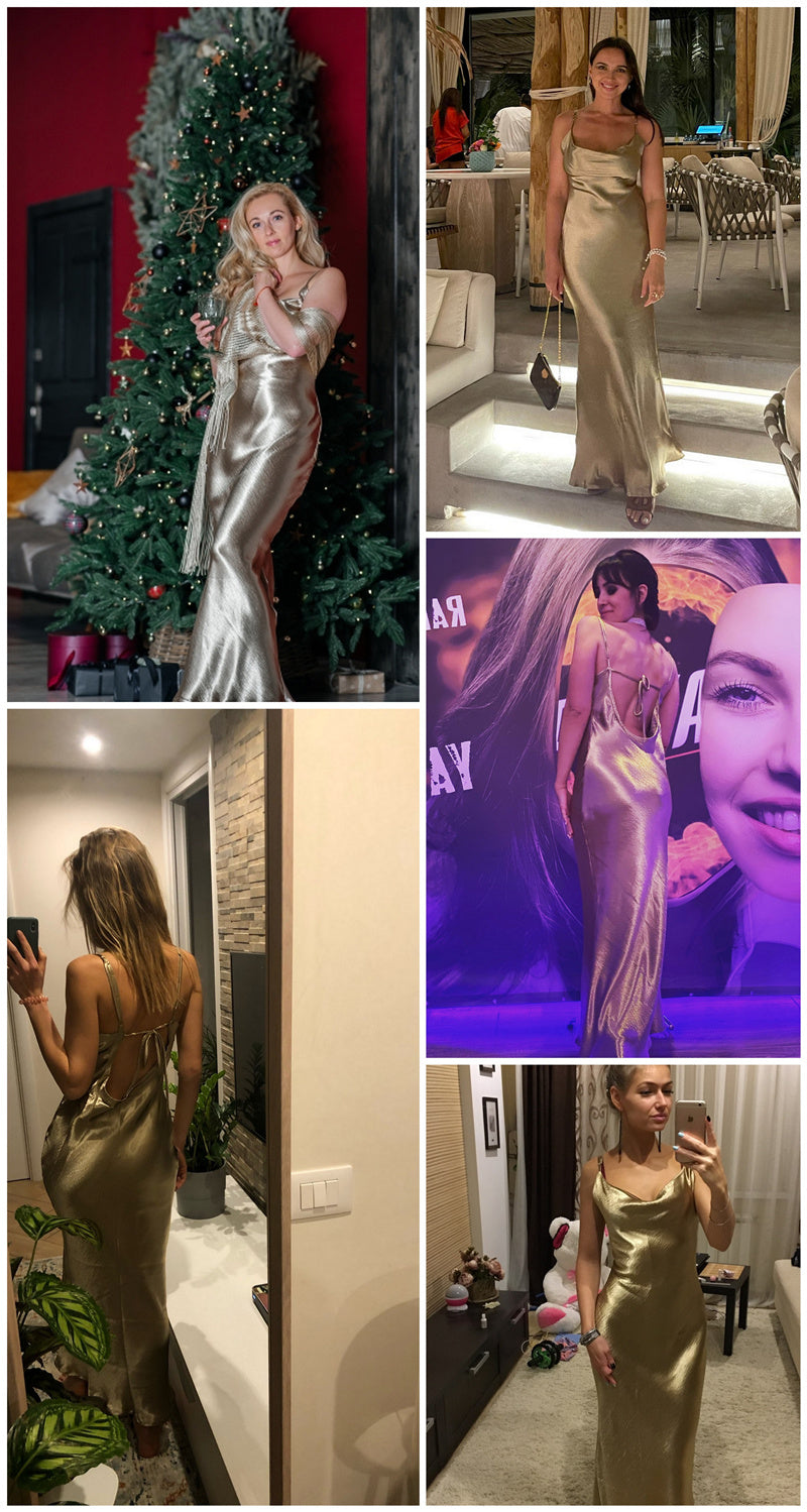 Sixsr Summer Dresses For Women Sexy Spaghetti Strap Backless Summer Dress Women Satin Lace Up Trumpet Long Dress Elegant Bodycon Party Dresses