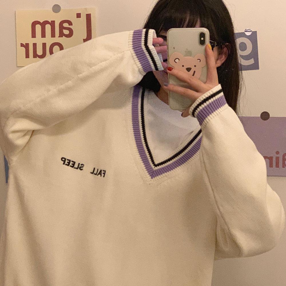 Sixsr  Fashion Trends Sweaters Women Ulzzang Letter Chic Vintage V-neck Daily Oversize Preppy Girls Knitwear Fall Casual All-match Ins Womens Sweater