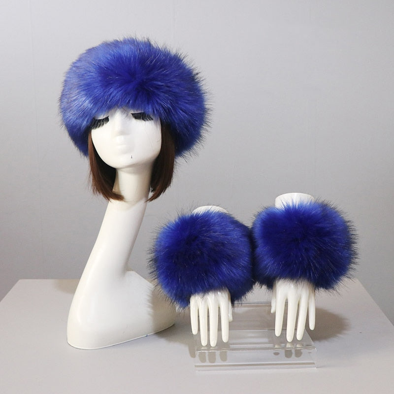 Sixsr New Autumn Winter Caps Female Hats Cuffs Set Fashion Warmth Imitation Quality Design Faux Fur Hat Fox Fur Sleeves Suit Accessary