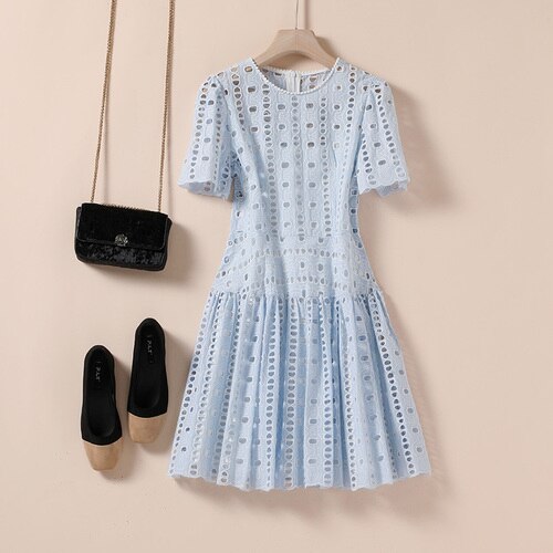 sixsr Summer Outfits High Quality Summer Hollow White Lace Two-Piece Dress Zomerjurk Dames High-Waisted Women Party Dress Vestidos De Verano N