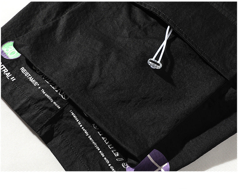 FOJAGANTO Summer Cargo Shorts Men Trend Brand Men's High Street Drawstring Knee Length Pants Print Casual Shorts Male