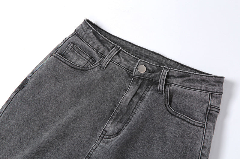 sixsr Grey Split Denim Stacked Pants Zip Up Baddie Style Streetwear Pencil Jeans For Women High Waist Bodycon Ruched Trousers