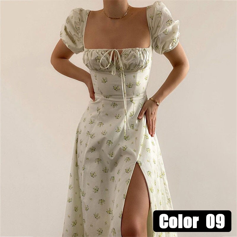 Sixsr womens fashion Vintage Square Collar Printed Dress Women Sweet Puff Sleeve Slim Long Casual Split Spring Summer Floral Dress Ladies New