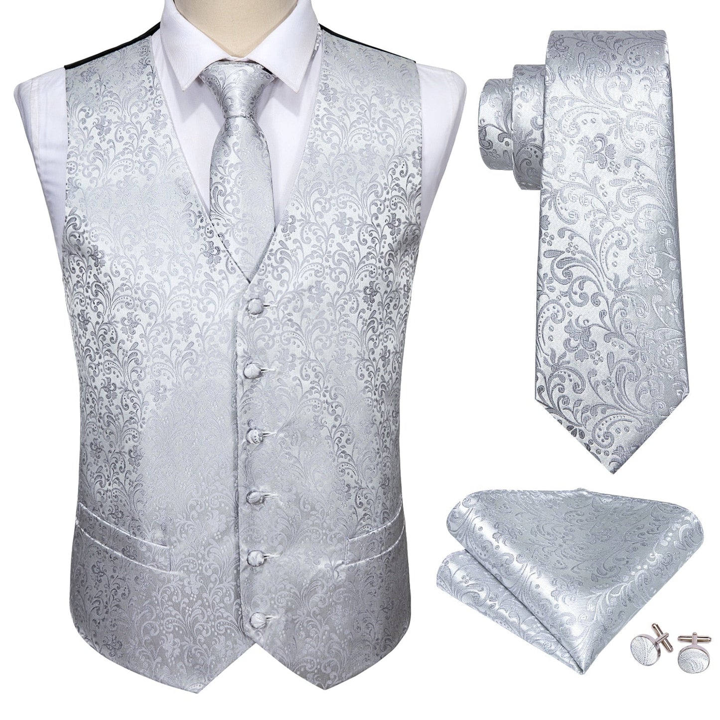 Sixsr 4PC Mens Extra Silk Vest Party Wedding Gold Paisley Solid Floral Waistcoat Vest Pocket Square Tie Suit Set Barry.Wang BM-2017