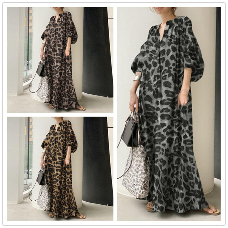 Fashion Printed Maxi Dress Women's Leopard Sundress Spring Puff Sleeve Long Vestidos Female V Neck Robe Oversize