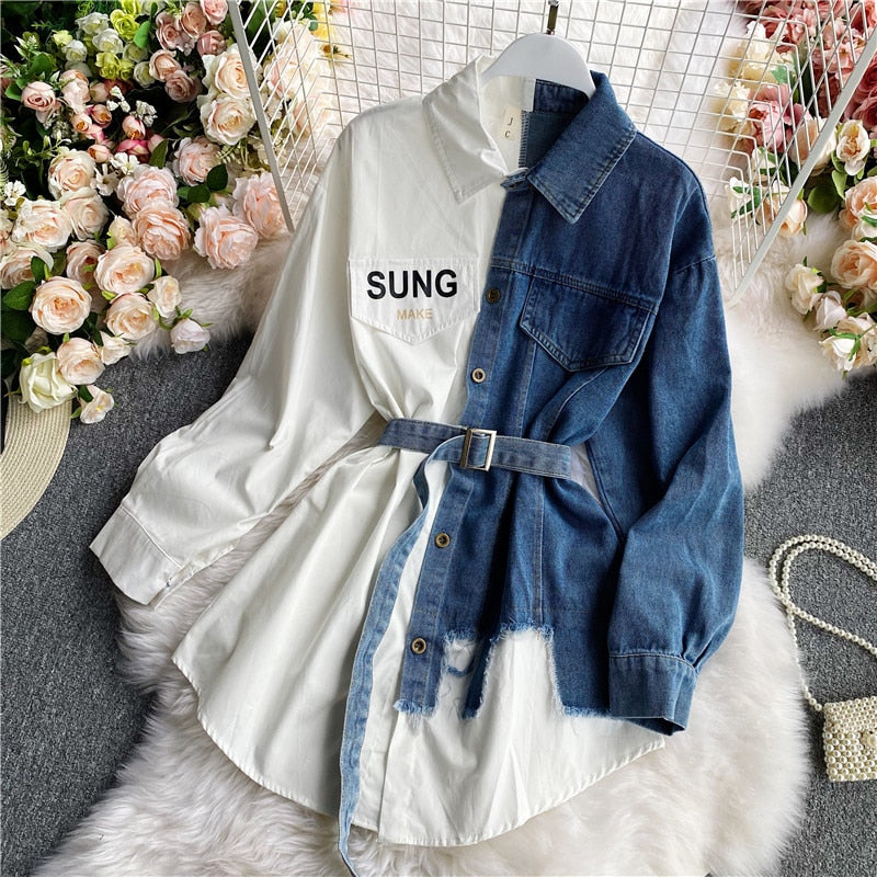 Sixsr Women's Blouse Autumn Long Sleeve Shirt Tops Jeans Patchwork Plaid Blouses Elegantes Blusas para mujer Slim Shirt Dress