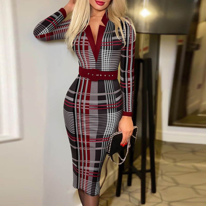 Sixsr Trends Fashion Vintage Women Pattern Print Office Dresses Spring Autumn V-neck Long Sleeve Slim Bodycon Midi Dress Elegant Ladies Belt Vestidos