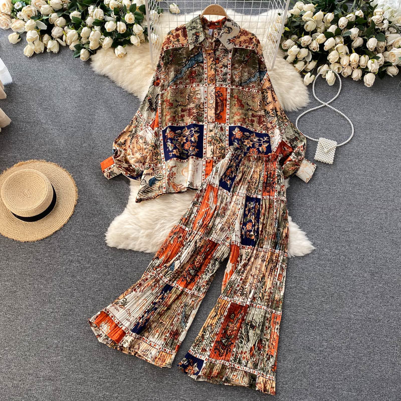 sixsr Women's Dress Spring Retro Print Casual Set Design Batwing Sleeve Single Breasted Blouse+High Waist Long Pants Two Piece Suits