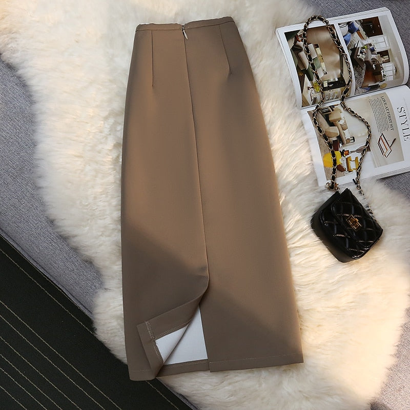 sixsr Fashion Elegant Formal Skirts Women Autumn New High Waist Drape Suit Long Brown Skirt Zipper Female