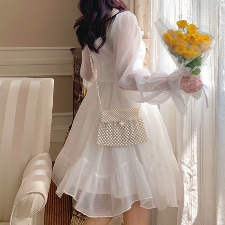 French Sweet Fairy Lolita Dress Women Long Sleeve Lace Y2k Mini Dress Vintage Kawaii Clothes One Piece Dress Korean Autumn