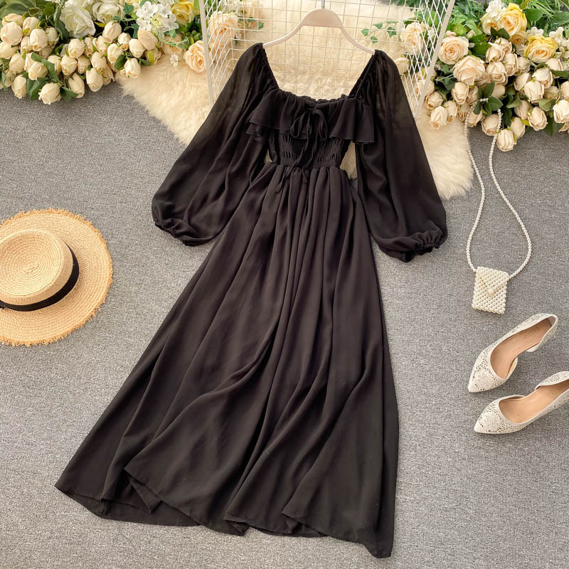 Sixsr Woherb Chic Elegant Square Collar Maxi Dress Women Solid Chiffon Puff Sleeve Dresses Korean Fashion Vintage Ruffle Vestidos