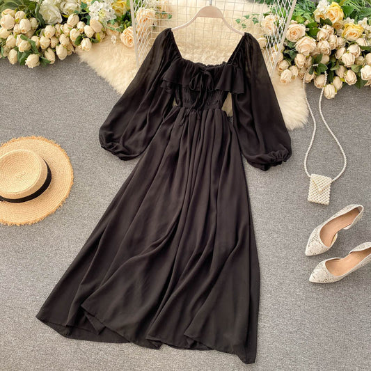 Sixsr Woherb Chic Elegant Square Collar Maxi Dress Women Solid Chiffon Puff Sleeve Dresses Korean Fashion Vintage Ruffle Vestidos