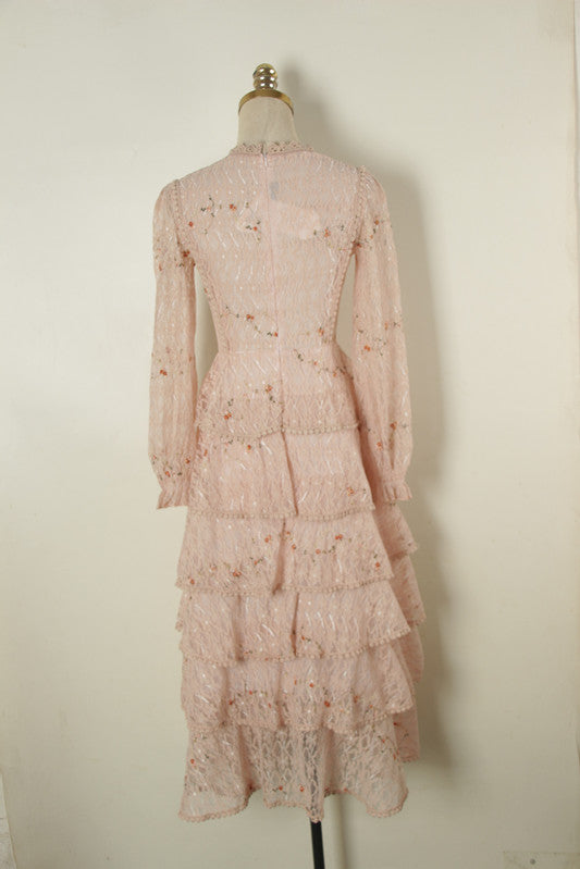 sixsr Pink Lace Embroidery Maxi Dress Female spring Winter Full sleeve high waist Ruffle elegant Long party dresses Woman