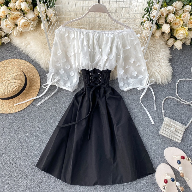 Sixsr  Spring Outfits Sexy Off Shoulder patchwork Summer Short Dress Party flower chiffon Slim waist lace up Women casual A-Line beach dress