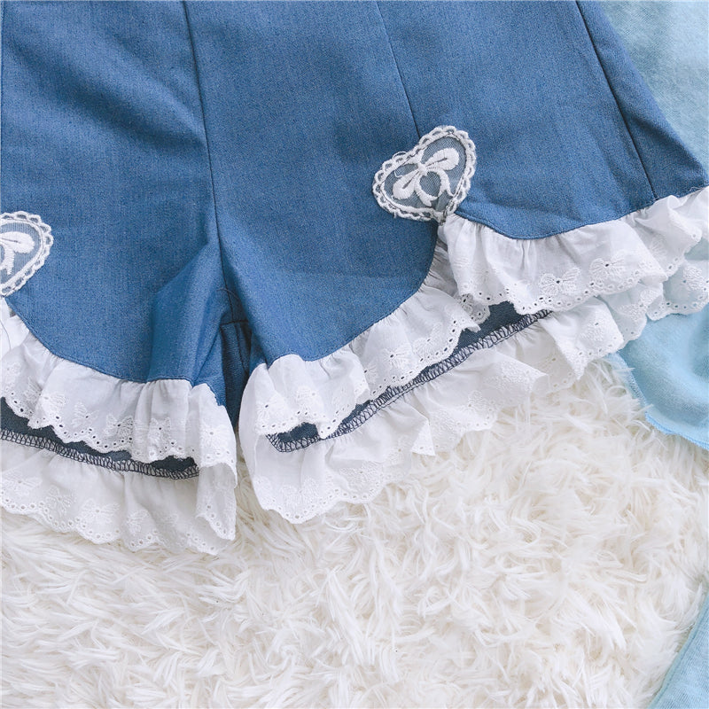 sixsr Summer Outfits  Trends Cute Lolita Girls Denim Shorts Japanese Sweet High Waist Lace Irregular Women's Shorts S-4XL Summer Kawaii Sexy Blue Shorts