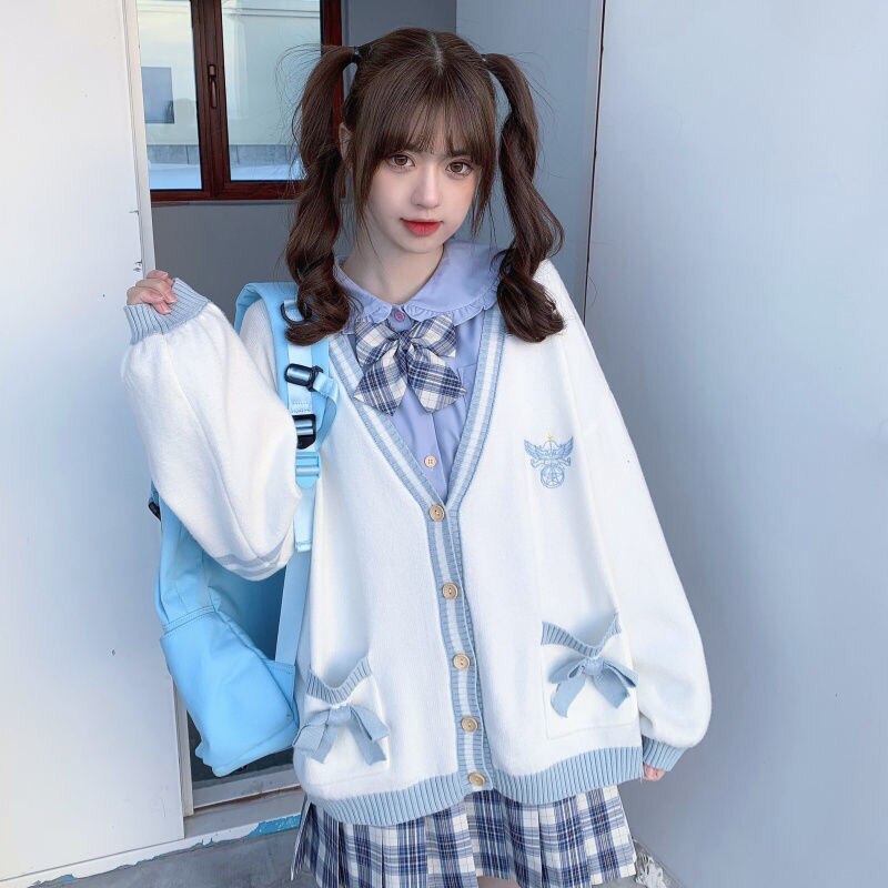 Sixsr  Spring Japanese Kawaii Fashion Pink Cardigan Women Harajuku Knitted Sweater Cute Bow Heart Korean College Style JK Uniform Coat