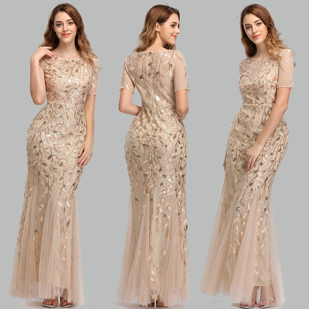 sixsr Plus Size Evening Dresses Mermaid O Neck Short Sleeve Lace Appliques Tulle Long Party Gown Robe Soiree Sexy Formal Dress vestido
