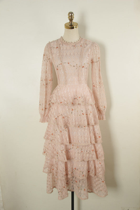 sixsr Pink Lace Embroidery Maxi Dress Female spring Winter Full sleeve high waist Ruffle elegant Long party dresses Woman