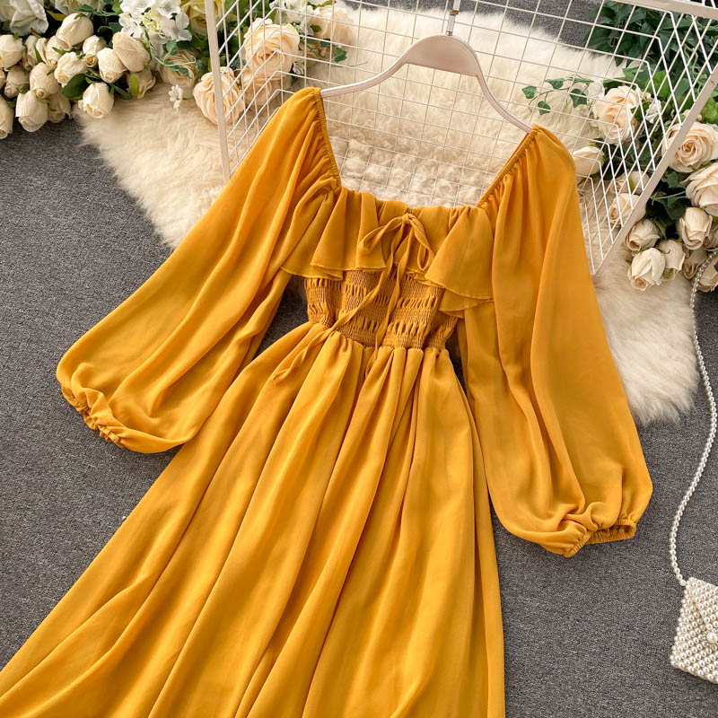 Sixsr Woherb Chic Elegant Square Collar Maxi Dress Women Solid Chiffon Puff Sleeve Dresses Korean Fashion Vintage Ruffle Vestidos