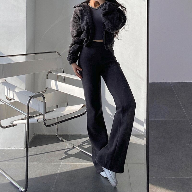 Sixsr New High Street Elastic Waist Solid Color Flare Pants For Women Spring Autumn Thick Casual Female Trouser BSXM new years eve outfits women