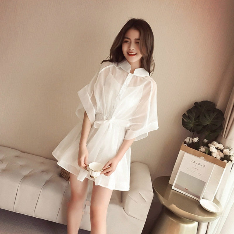 sixsr Summer Outfits Summer Two-piece Set Mini Dress Women Korean Short Sleeve Stand Organza Belt Single-breasted T-shirt Dresses + Cotton Base Shirt