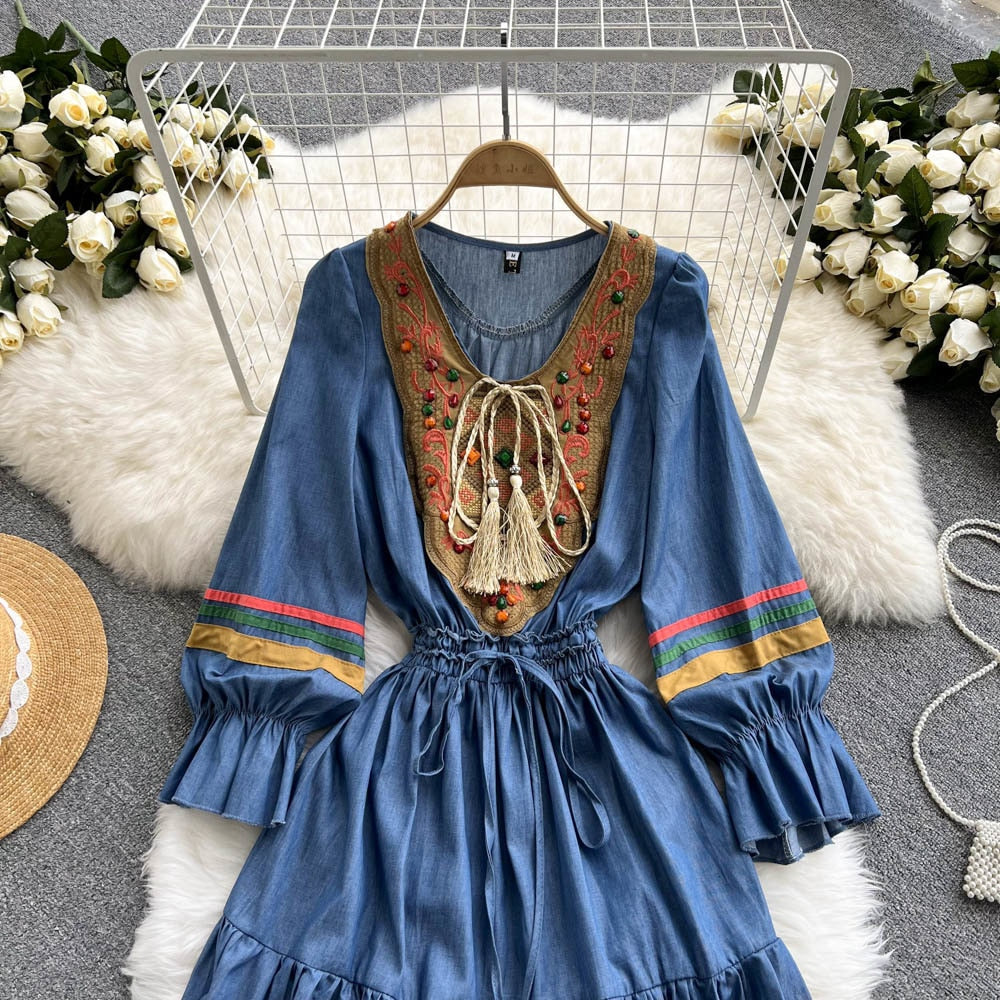 Quality Embroidered Denim Dress Summer Autumn National Korean Pleated A Line Long Sleeve Cowboy Dress Women Jeans Dress