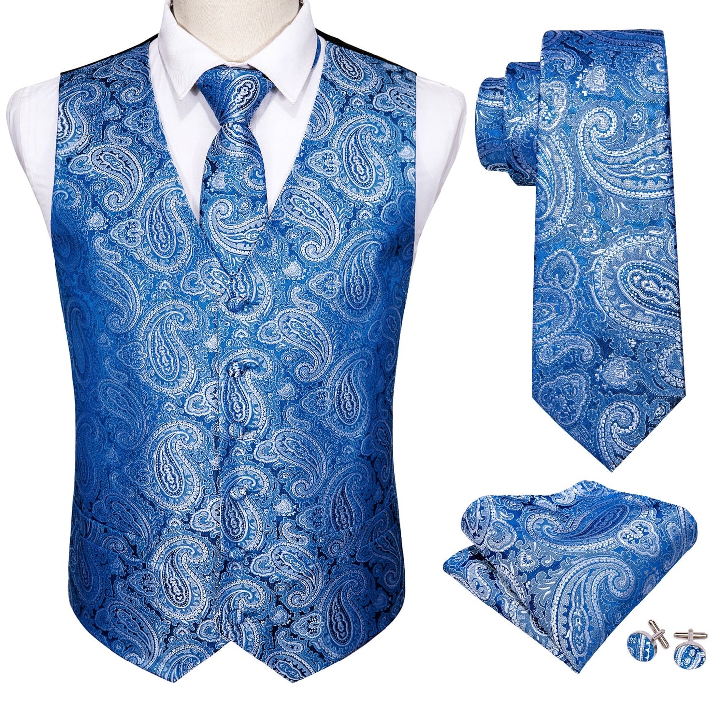 Sixsr 4PC Mens Extra Silk Vest Party Wedding Gold Paisley Solid Floral Waistcoat Vest Pocket Square Tie Suit Set Barry.Wang BM-2017