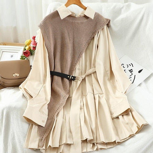 Sixsr New Sweet Suit Women Japan Single Breasted Turn-Down Collar Pleated Dress +Irregular Drawstring Knitted Vest Two Piece Set PL548