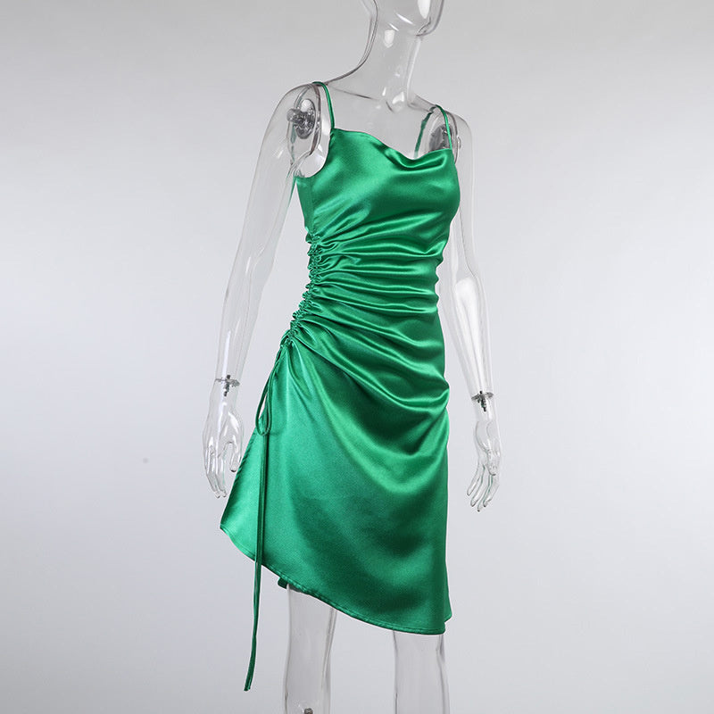 Sixsr Satin Side Split Ruched Women's Dress Sleeveless Square Collar Party Dresses Solid Elegant Clubwear Evening Vestidos