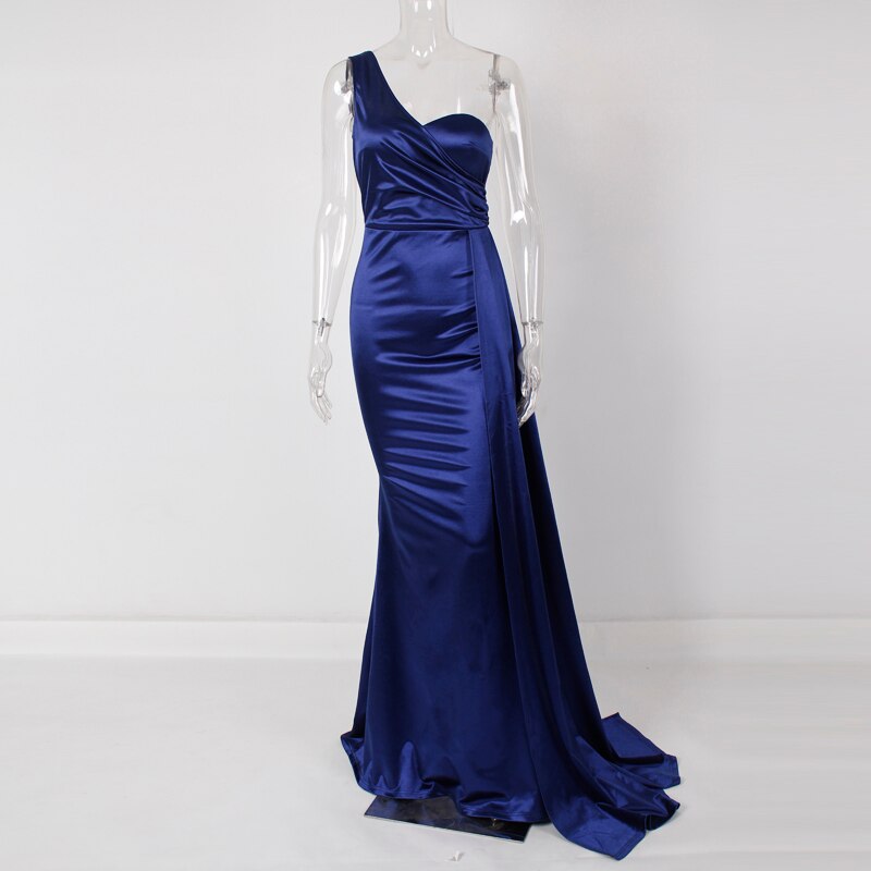 sixsr One Shoulder Padded Sexy Satin Maxi Dress Women's Evening Party Dress Gown with Ribbon Royal Blue Green Draped Long Dress