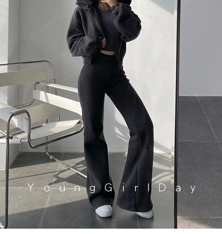 Sixsr New High Street Elastic Waist Solid Color Flare Pants For Women Spring Autumn Thick Casual Female Trouser BSXM new years eve outfits women