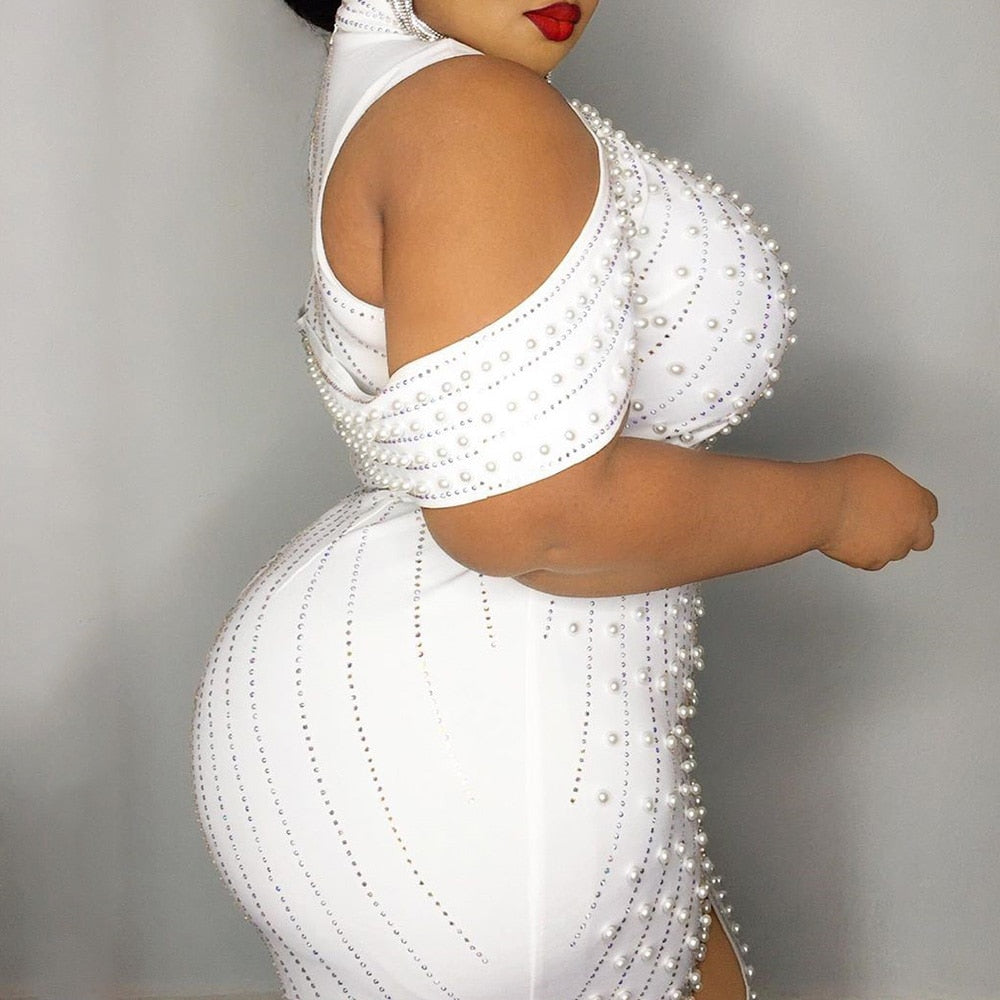 sixsr Beading White Plus Size Bodycon Dress 5xl Sexy Party Dinner Club Midi Dresses Elegant Split Female Evening Vestidos Summer
