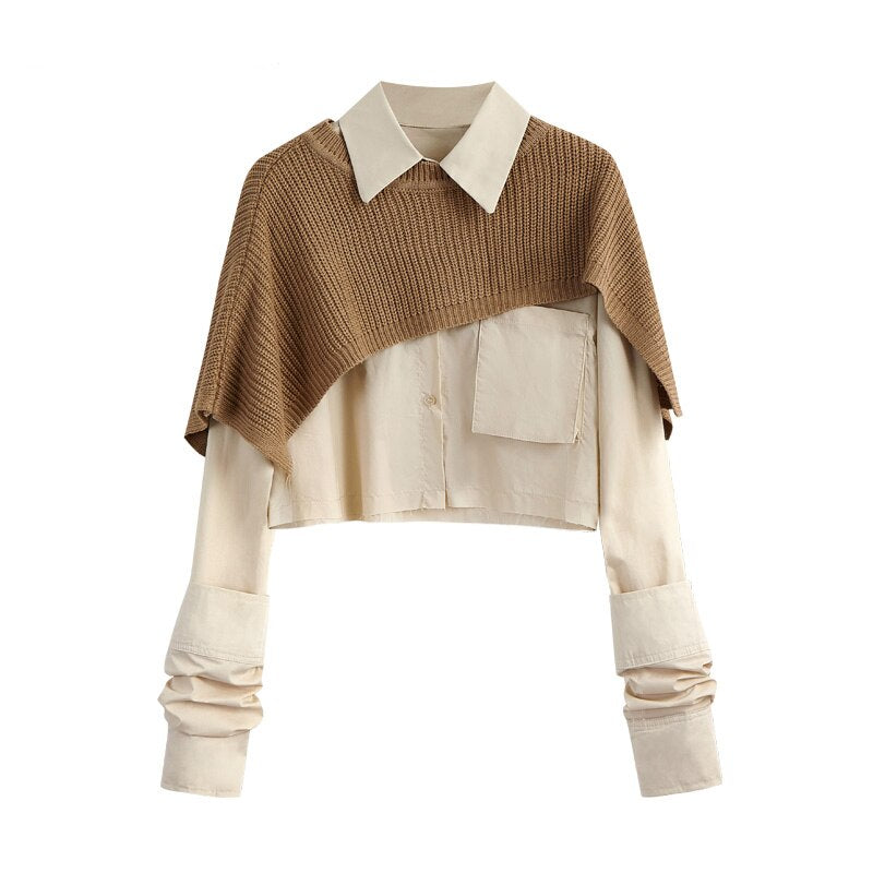 Sixsr Spring Autumn Fashion Women Two Pieces Sets Long Sleeve Short Blouse Shirt + Solid Knitted Pullover Crop Shawl Sweater Female Tops