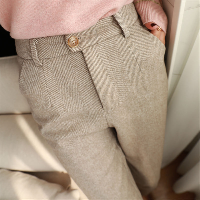 Sixsr Herringbone Woolen Pants Women's Harem Pencil Pants  Autumn Winter High Waisted Casual Suit Pants Office Lady Women Trousers